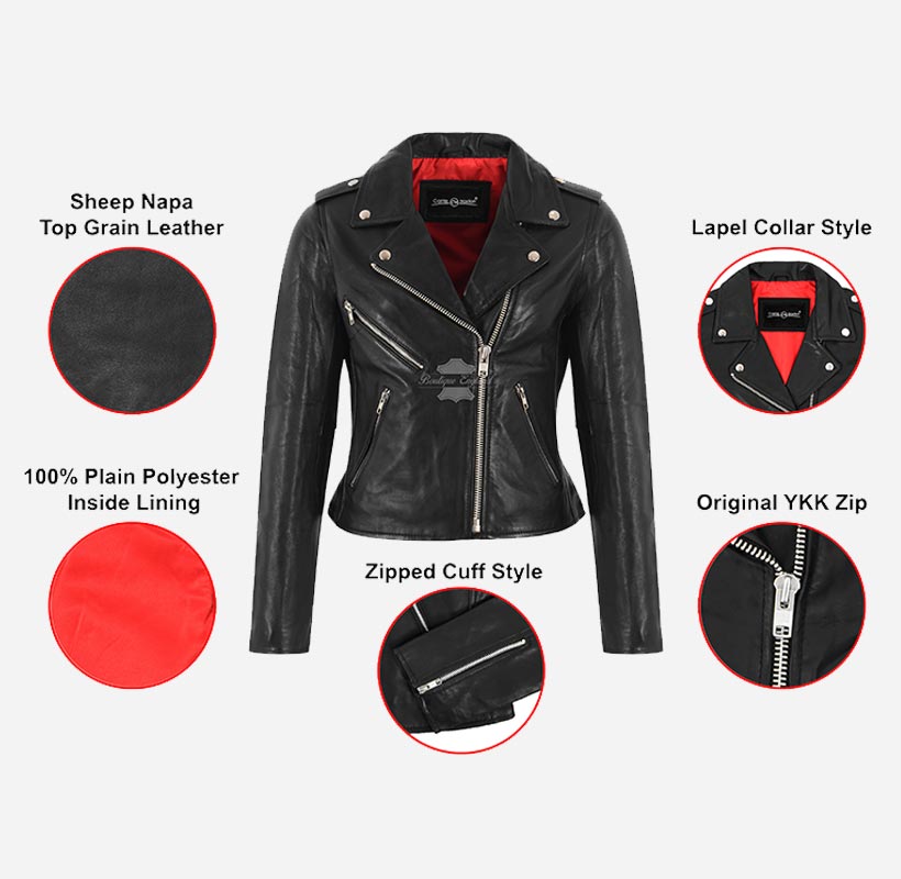 EMILY Women Black Biker Leather Jacket Red Lining