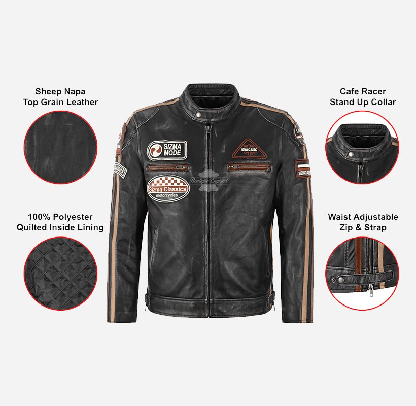 SIZMA Black Vintage Waxed Mens Leather Biker Jacket