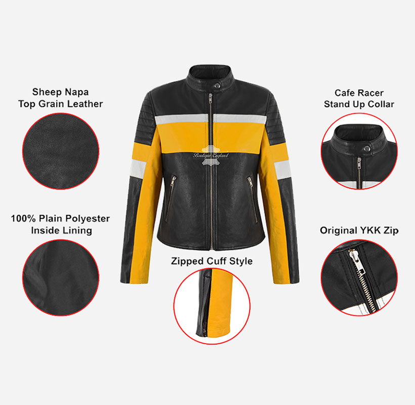 RACER Ladies Leather Biker Jacket Black Yellow Leather Fitted Jacket For Women