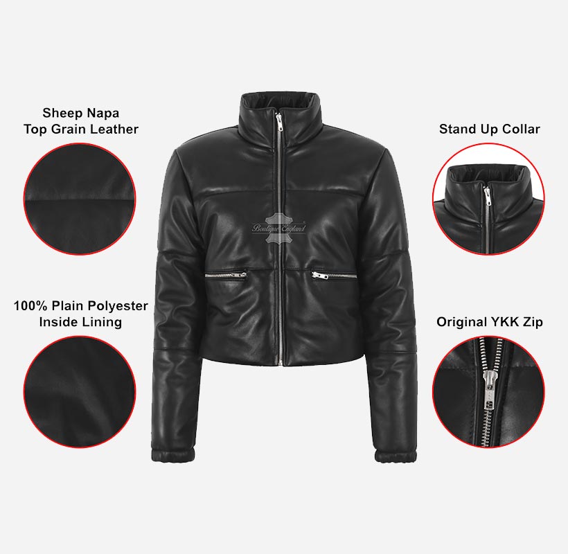 CERI Women Cropped Leather Puffer Jacket in Black