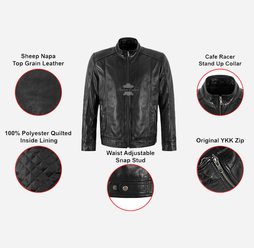 RICKY Men's Leather Jacket Black Blouson Style Casual Leather Jacket