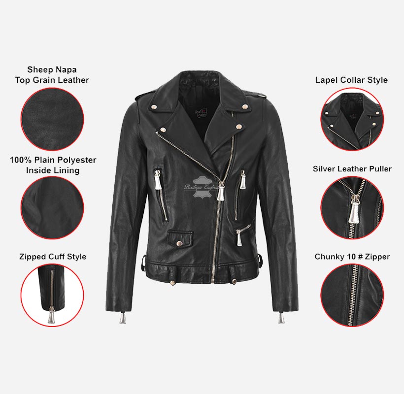 LAUREL Women Biker Style Leather Jacket Black