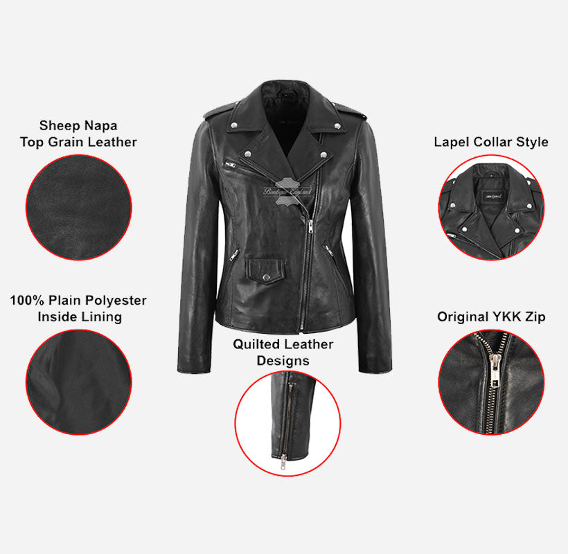 BRANDO Ladies Black Leather Jacket Fitted Black Biker Jacket For Women