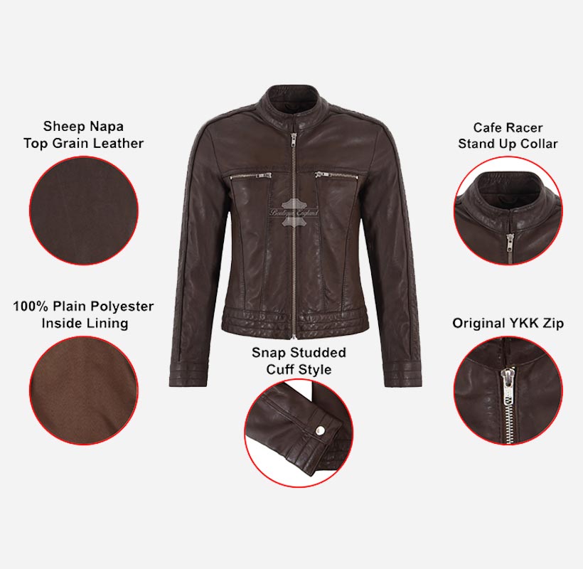 ELSPETH Women Brown Leather Biker Fashion Leather Jacket