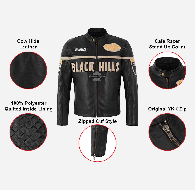 Black Hills Mens Biker Leather Jacket Black Badge Detailing