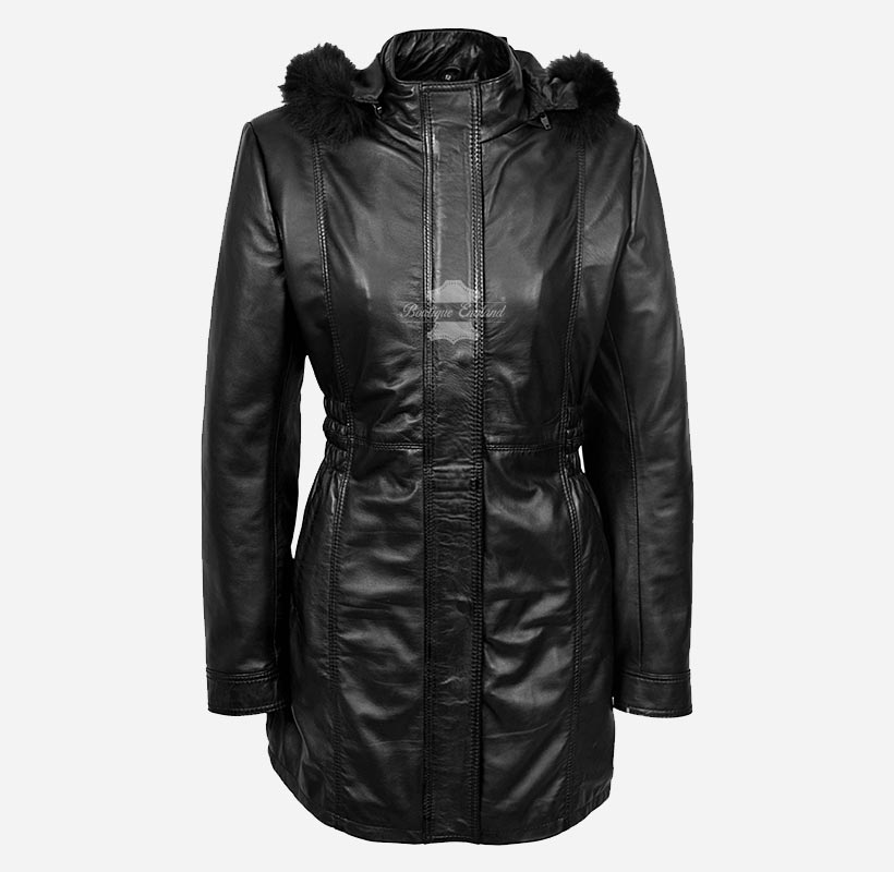 ALICE Women Hooded Parka Coat Hooded Long Leather Jacket