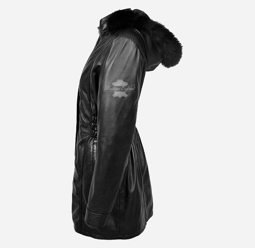 ALICE Women Hooded Parka Coat Hooded Long Leather Jacket