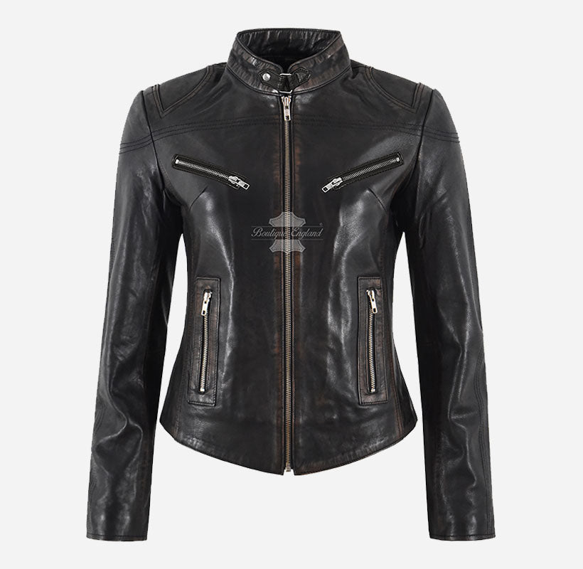 SPEED LADIES LEATHER JACKET SHORT FITTED Biker LEATHER JACKET