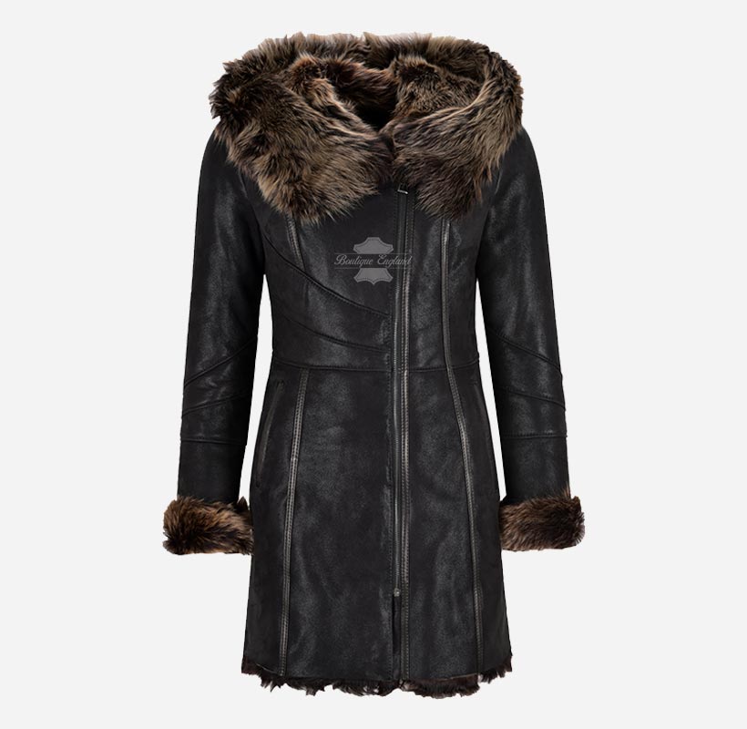 Novi Women's Montana Toscana Coat 3/4 Length Sheepskin Coat Black