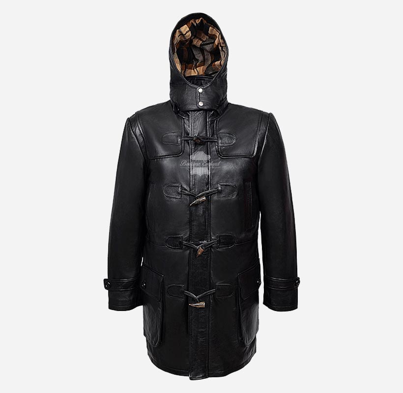 TOGGLE Duffle Leather Coat For Men's With Hood