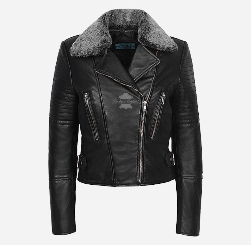 Hannah Women's Black Leather Flying Jacket with detachable fur collar