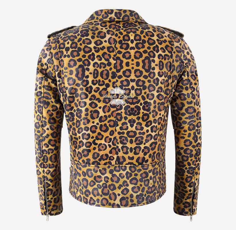 BRANDO Mens Leopard Print Leather Biker Jacket Exotic Leather