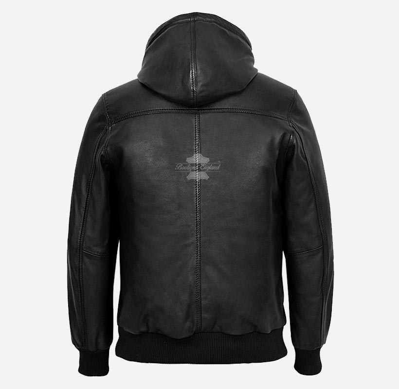AINSLEY Men's Black Leather Hoodie Sports Hooded Bomber Jacket