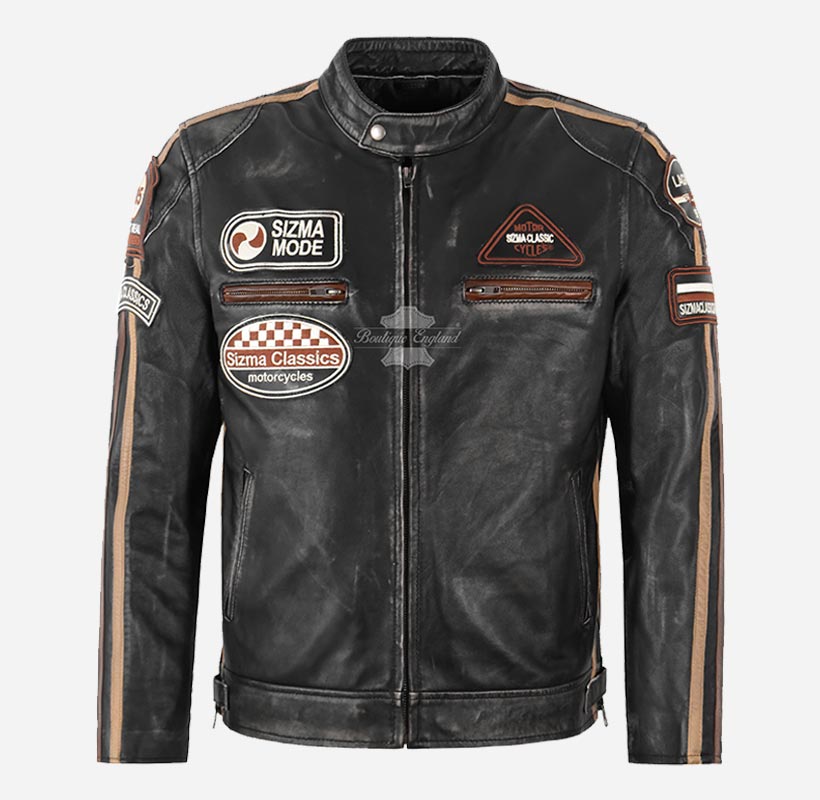 SIZMA Black Vintage Waxed Mens Leather Biker Jacket
