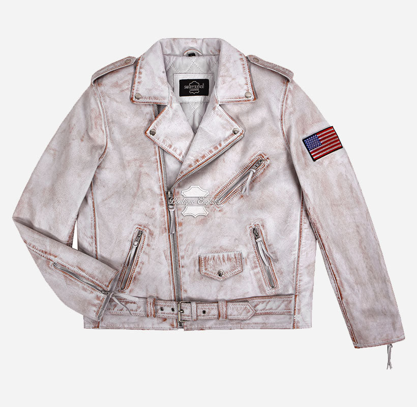 MBF USA FLAG Men's Leather Biker Jacket White Rustic Waxed Effect