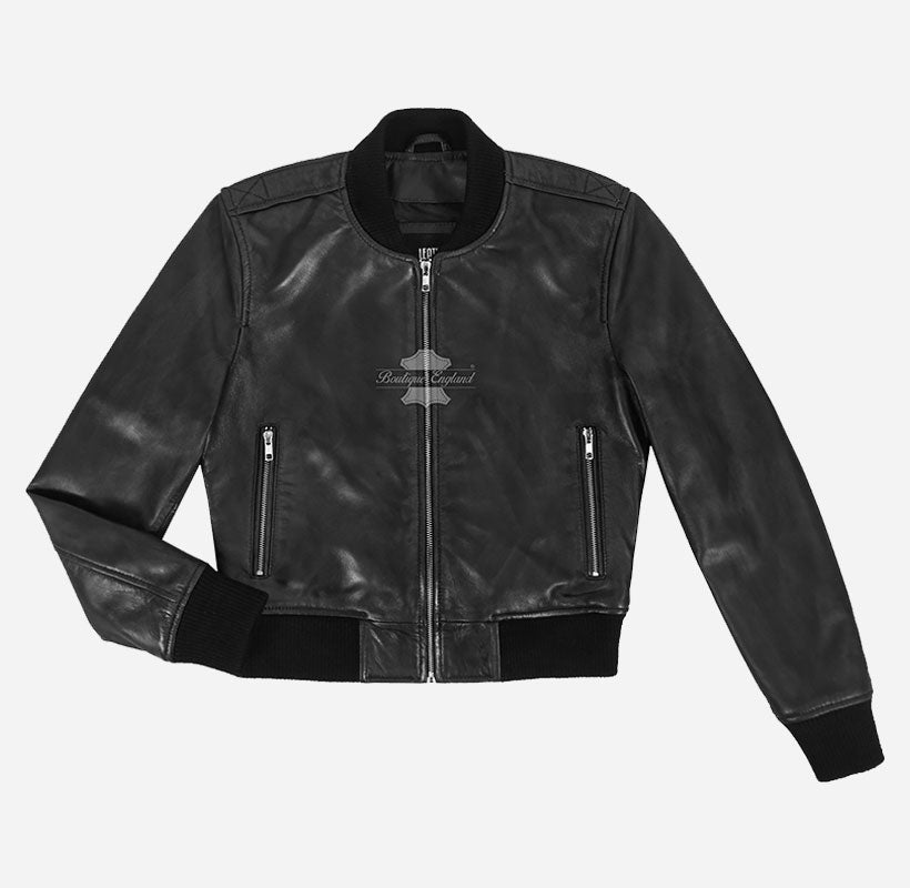 LUCIANA Women’s Cropped Leather Bomber Jacket in Black