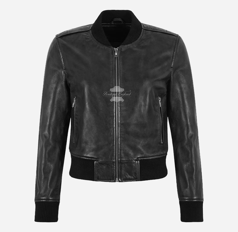 LUCIANA Women’s Cropped Leather Bomber Jacket in Black