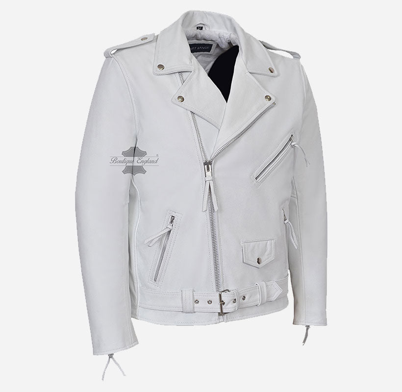 BRANDO MENS Rocker Leather Jacket Cowhide White Biker Leather Jacket