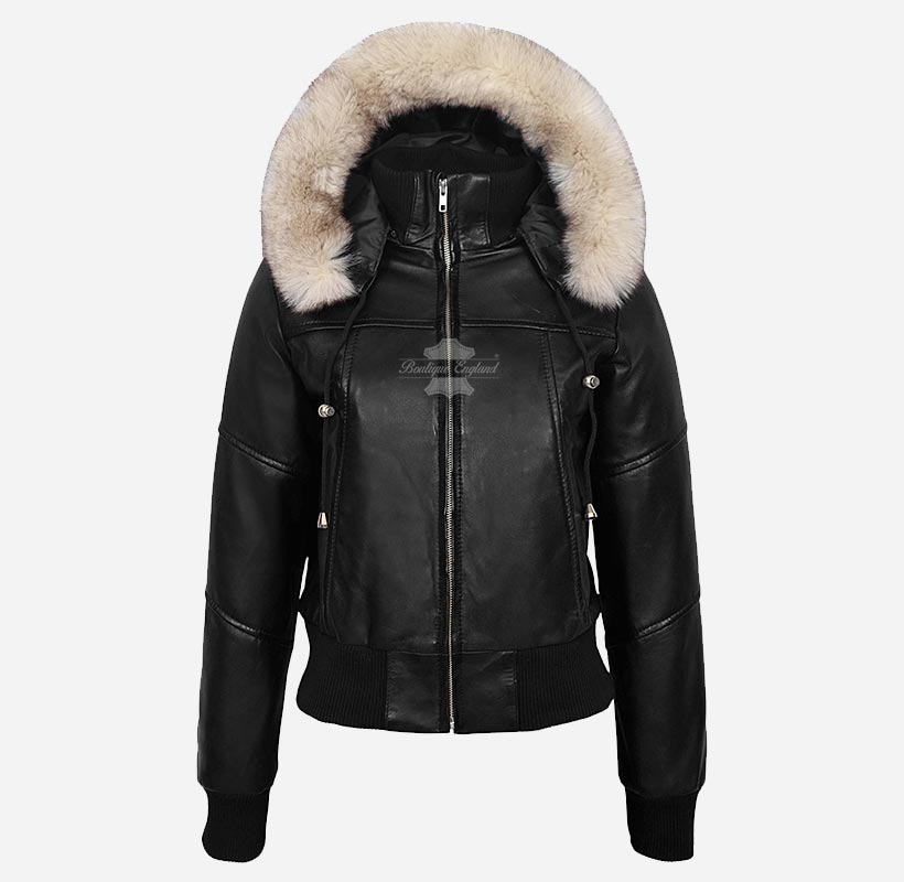 ALPINE Ladies Leather Bomber Jacket With Detachable Fur Hood