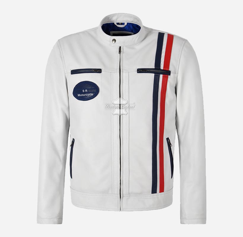 SR Racer Men's White Leather Biker Jacket Racer Motorbike Jacket ...