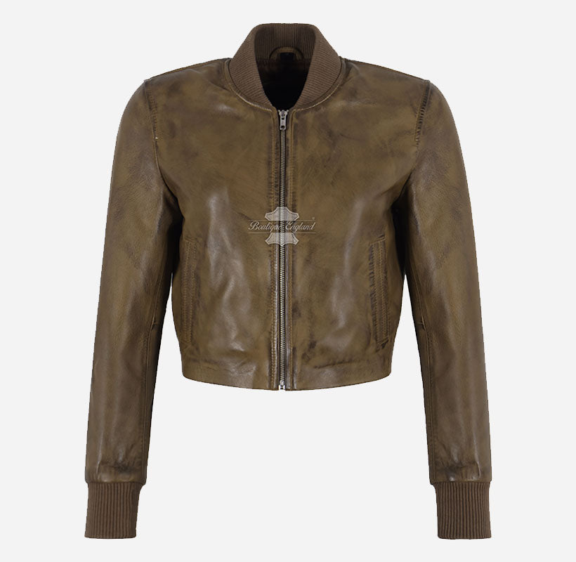 Ximena Women Vintage Look Cropped Leather Bomber Jacket