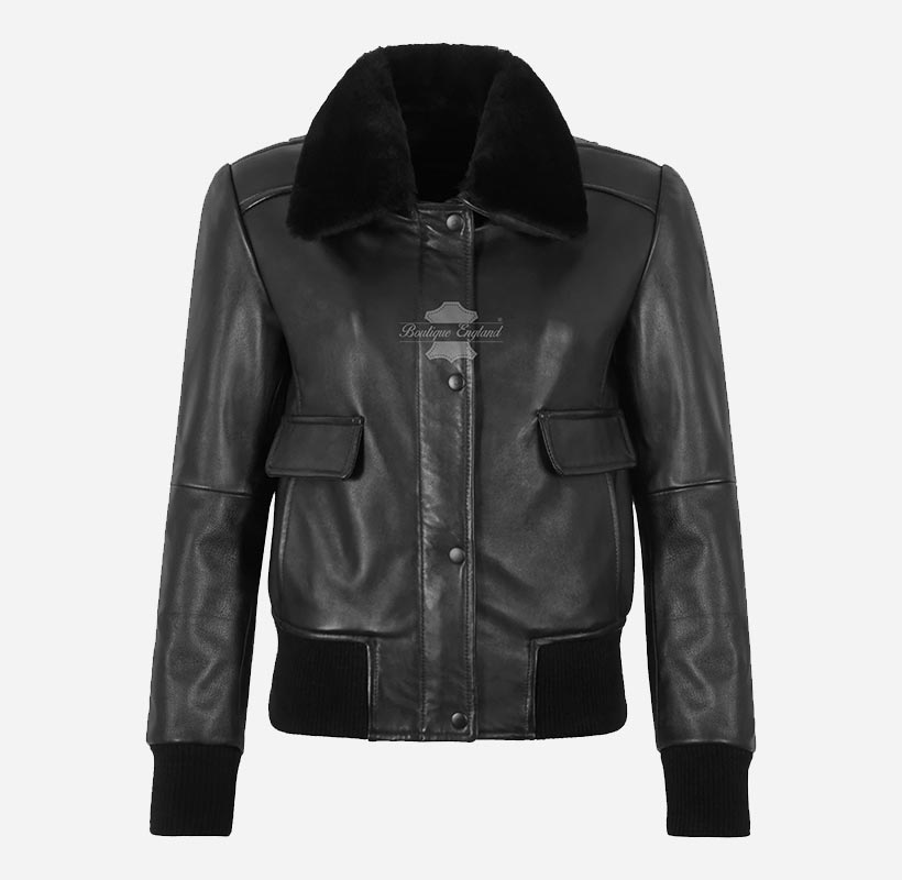 Women's Bliss Black Leather Bomber Jacket