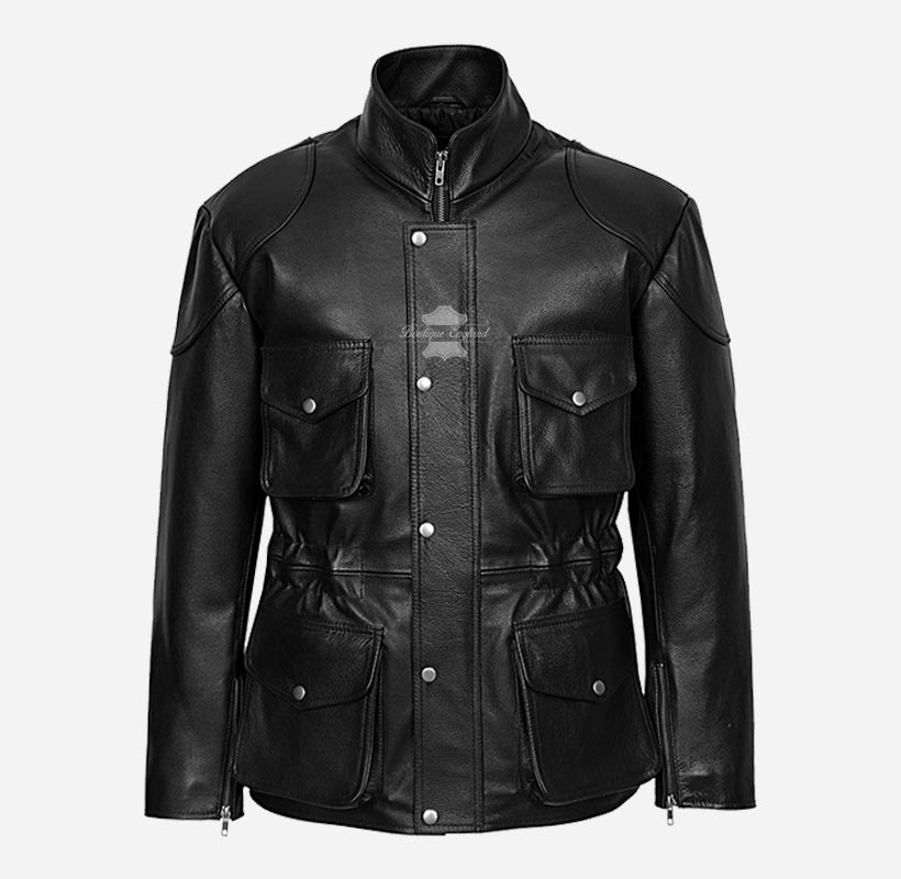 HUNTER Black Leather Coat Safari Biker Motorbike Jacket