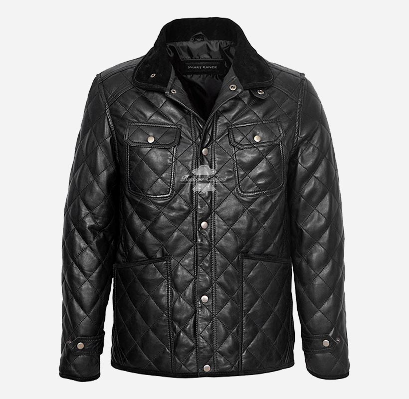LAKEFALL Men's Leather Quilted Coat Black Blouson Leather Jacket