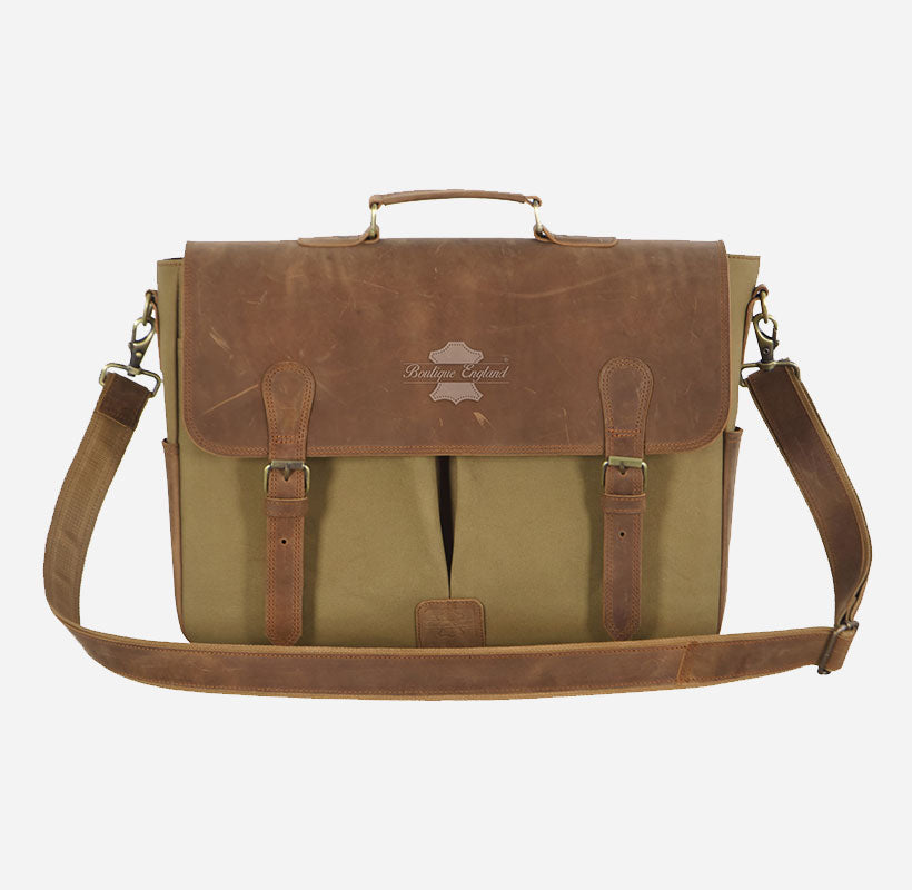 Men Leather+Canvas Laptop Bag Messenger Crossbody Bag