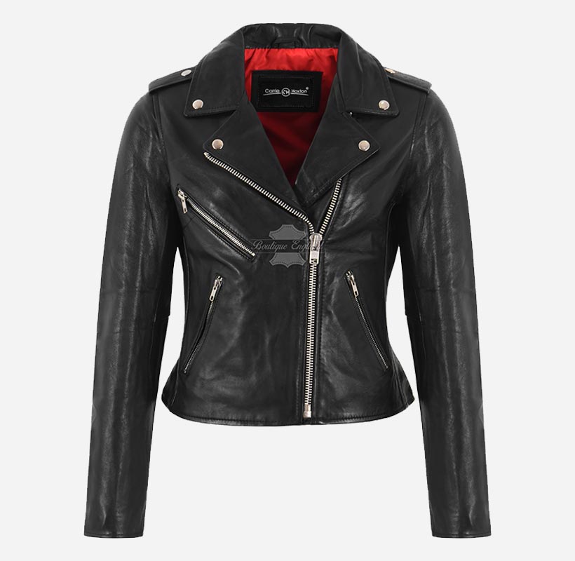 EMILY Women Black Biker Leather Jacket Red Lining
