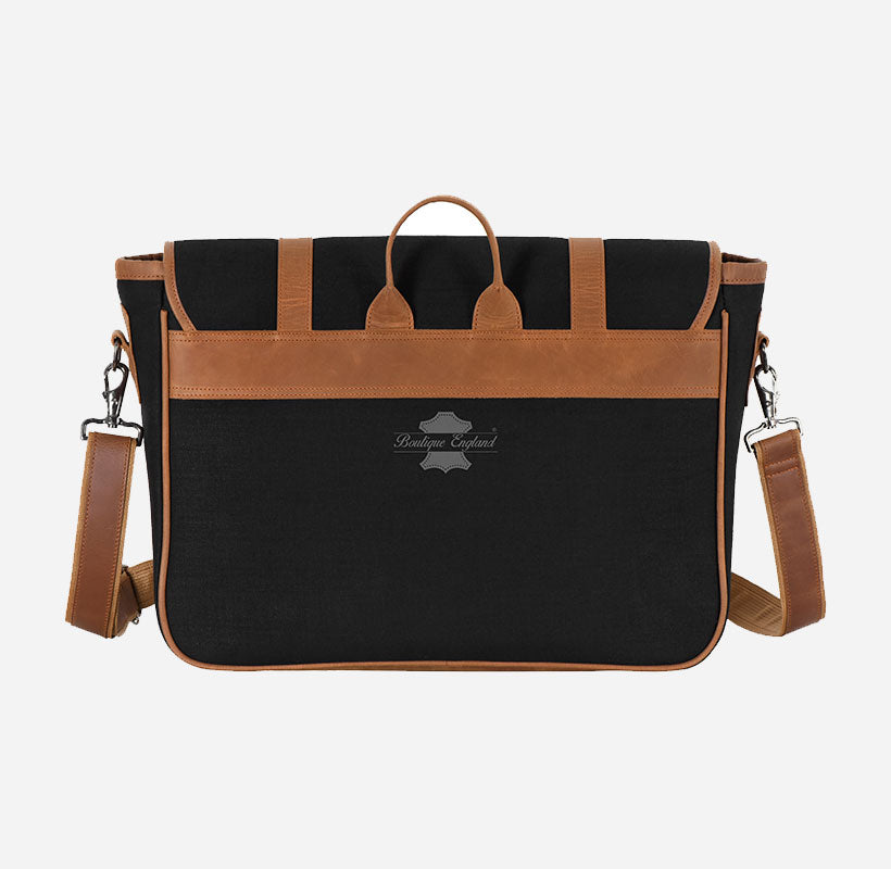 Black Canvas Messenger Bag with Leather Detailing Laptop-Friendly Work Satchel