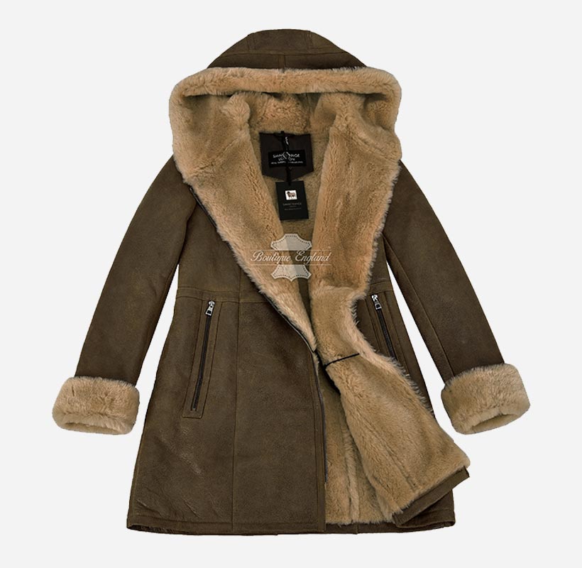 MANTEAU À CAPUCHE EN PEAU DE MOUTON NOISETTE VESTE LONGUE FEMME EN