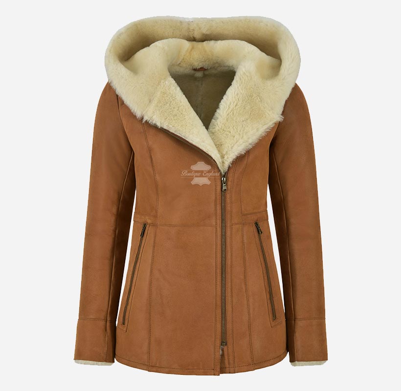 HAZEL Ladies Sheepskin Hooded Coat B3 Shearling Fur Long Jacket