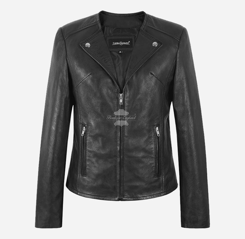 NIA Black Collarless Ladies Leather Jacket Zip Up Biker Ladies Leather Jacket