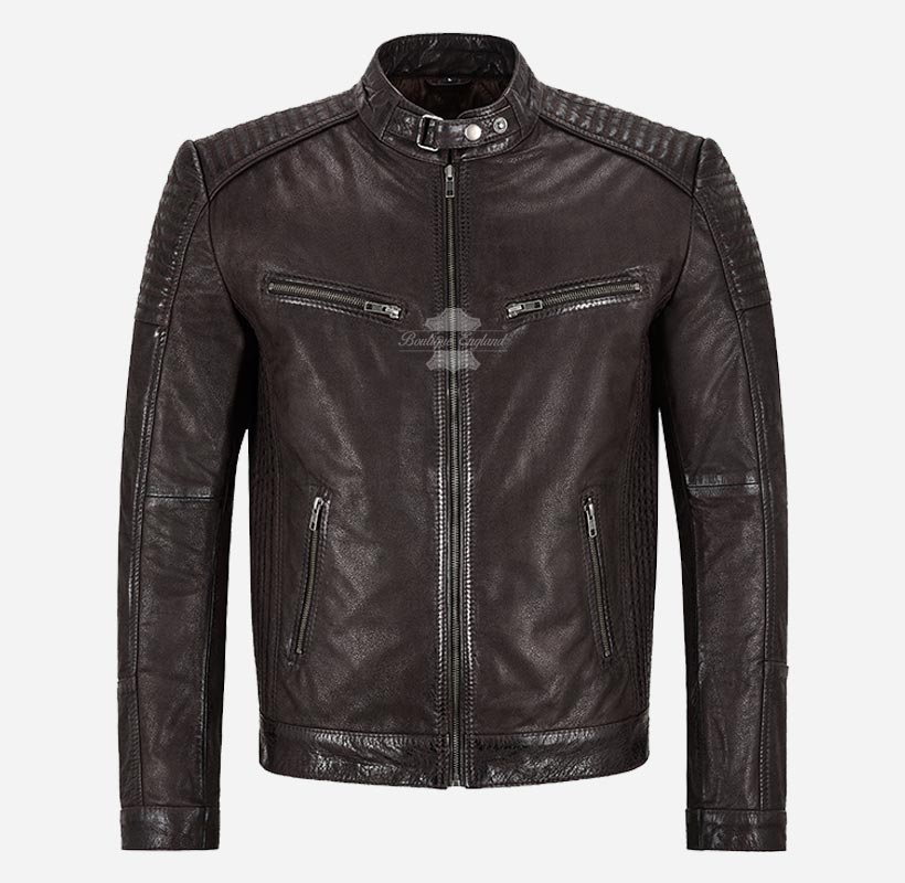 RAMBLE Mens Biker Leather Jacket Brown Soft Real Leather Jacket