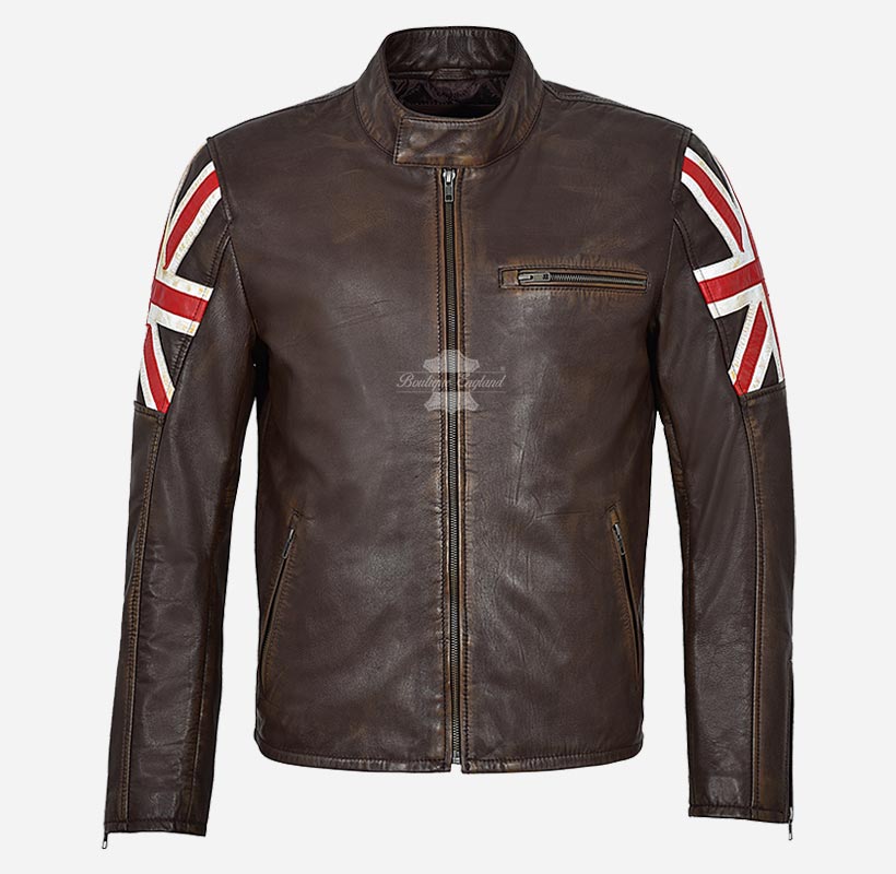 UNION JACK Vintage Brown Biker Leather Jacket For Men
