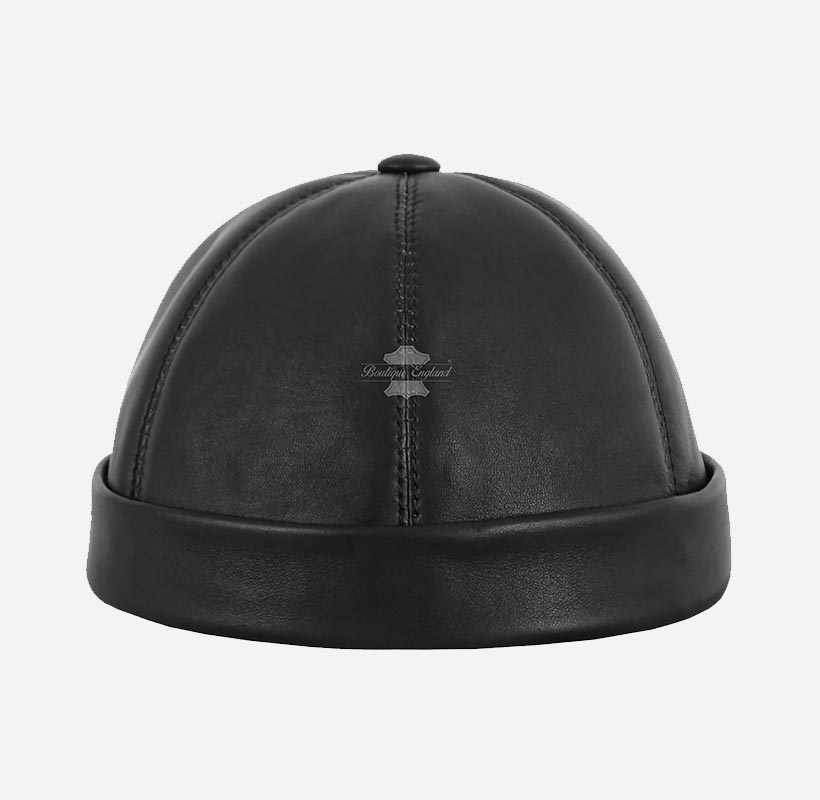 Men's Leather Skullcap Sailor Cap Rolled Cuff Brimless Caps