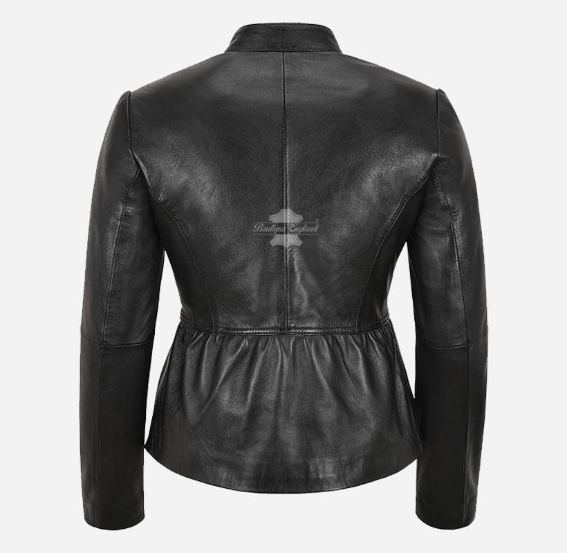 Shirred Waist Ladies Leather Glamour Jacket Black Real Leather Jacket