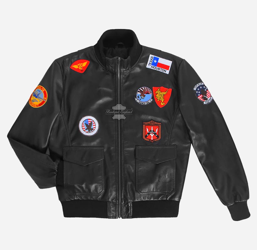TOP GUN Black Leather Bomber Jacket with Badges For Men – Boutique