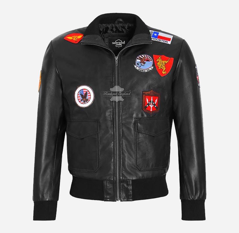 TOP GUN Black Leather Bomber Jacket with Badges For Men