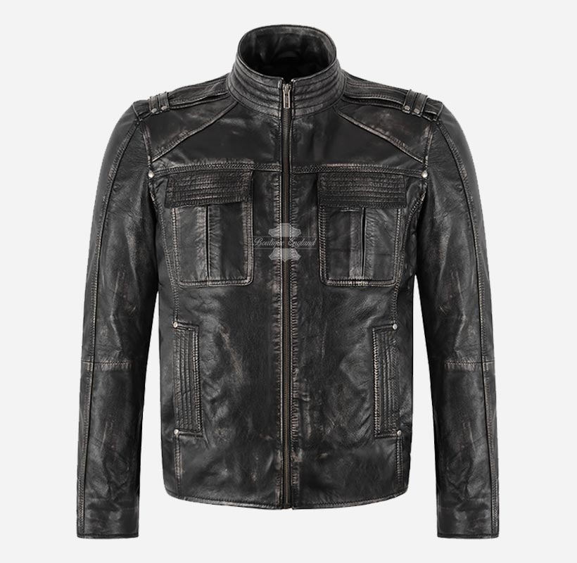 FERNWOOD Vintage Waxed Black Leather Biker Jacket For Men's