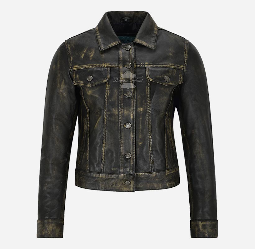 WOMEN TRUCKER Leather Shacket Vintage Waxed Leather Shirt Jacket