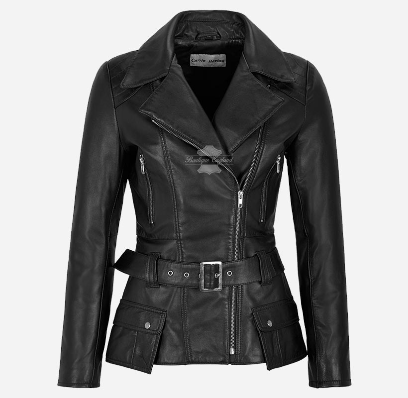 DESIRE LADIES Black LEATHER JACKET Trench Style Fitted Leather Jacket