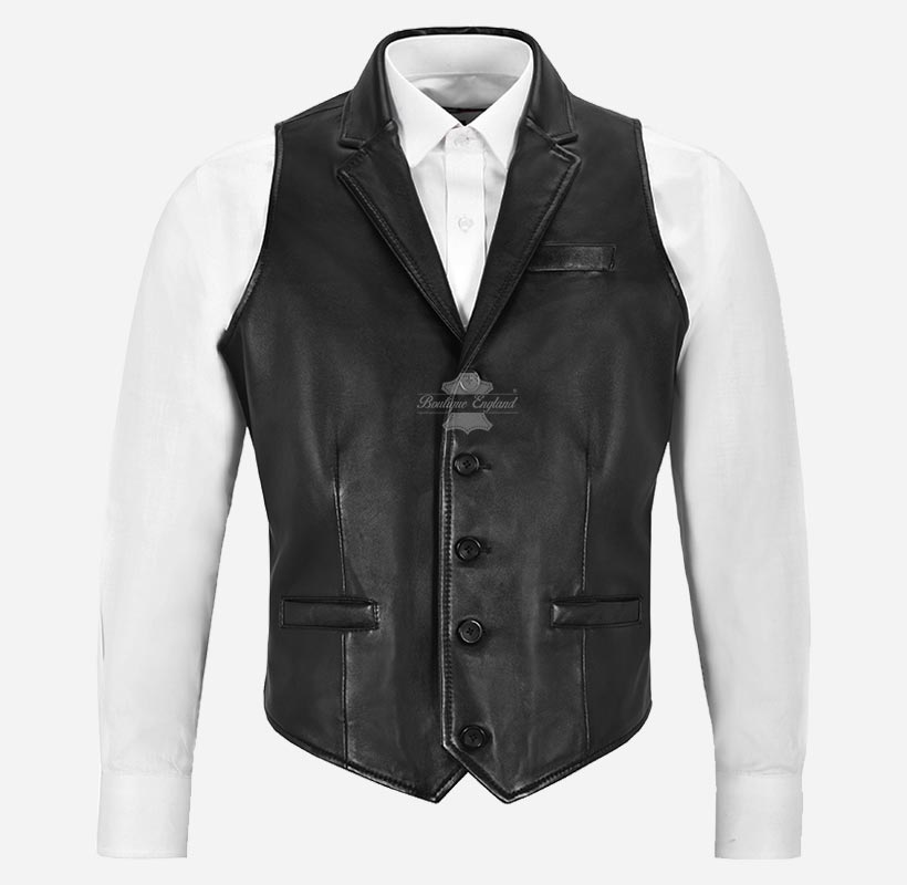 KINGSLEY Men's Leather Waistcoat Lapel Collar Leather Vest
