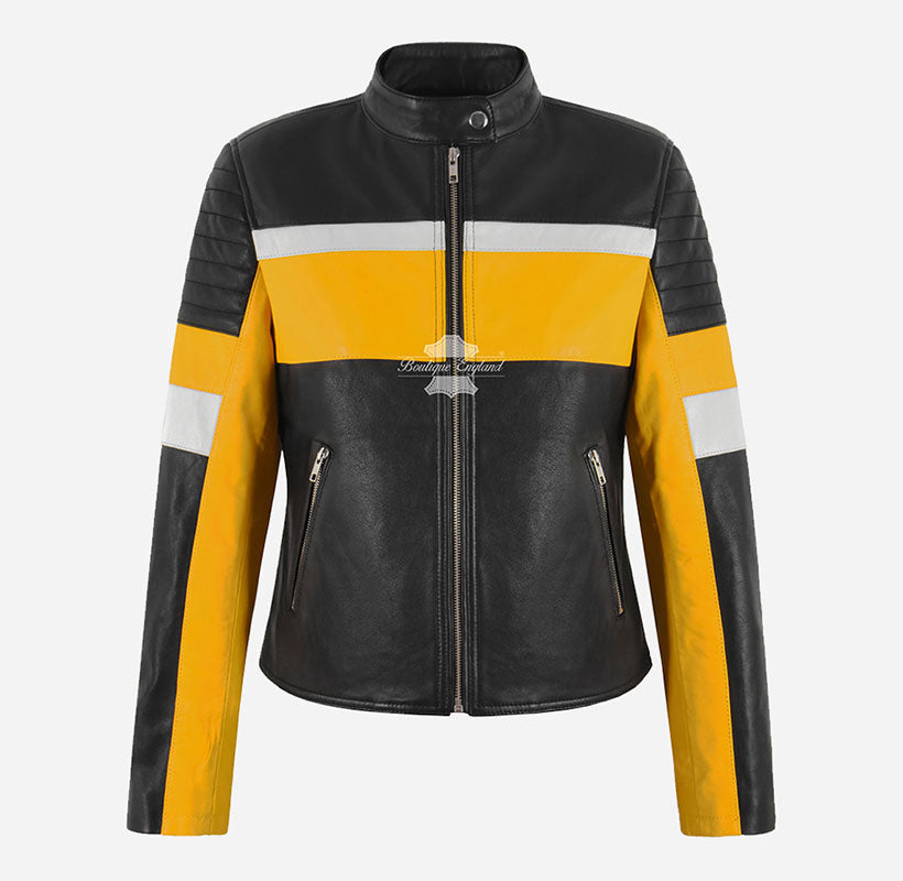 RACER Ladies Leather Biker Jacket Black Yellow Leather Fitted Jacket For Women