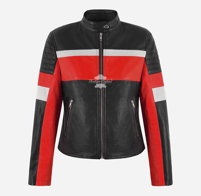 BOLT Women Leather Jacket Biker Style Black Red Jacket