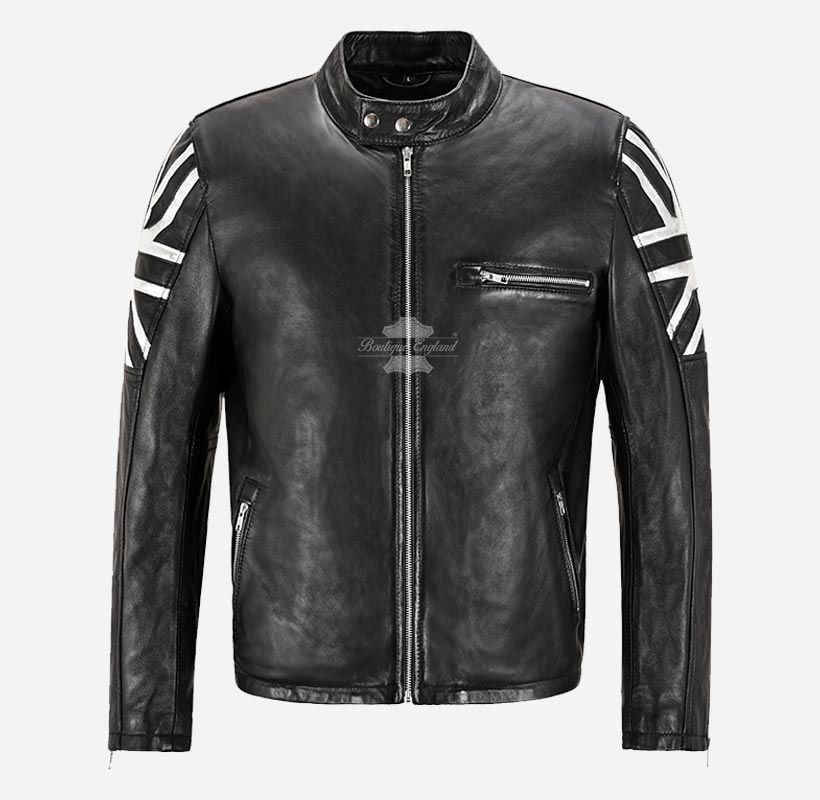 UNION JACK Silver Biker Leather Jacket For Men