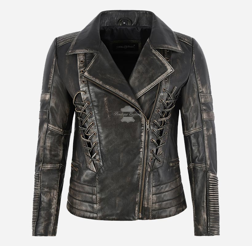 SPICE Ladies Vintage Leather Biker Jacket Laced Gothic Leather Jacket