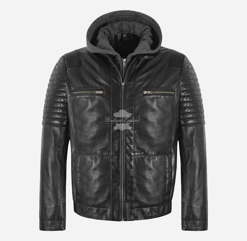 CLARK Men's Leather Hooded Jacket with Removeable Fabric Hoodie