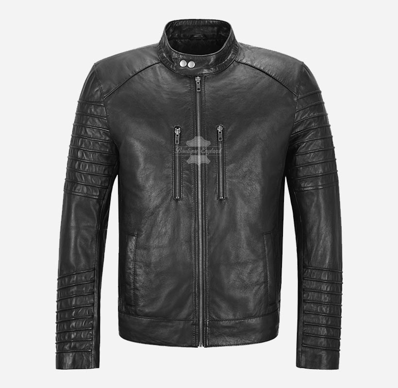 THEO Mens Real Leather Biker Jacket  Black Leather Jacket